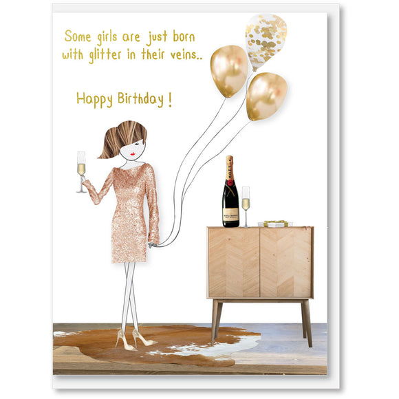 Gold happy birthday card with female drinking champagne with gold balloons