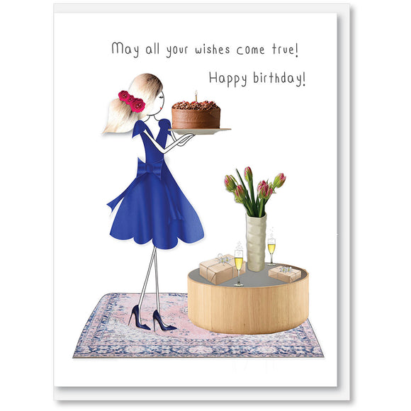 Happy birthday card with female carrying cake
