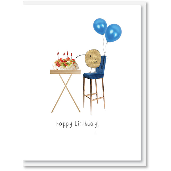 Pavlova Cake being eaten by kid with blue balloons card