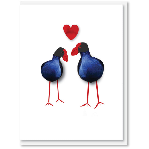 Two pukekos with red heart card